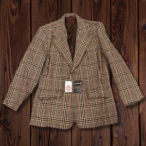 Vtg 70s Vanderbilt Plaid Blazer Men 44 Brown Rust Green Wool Blend USA Made NOS